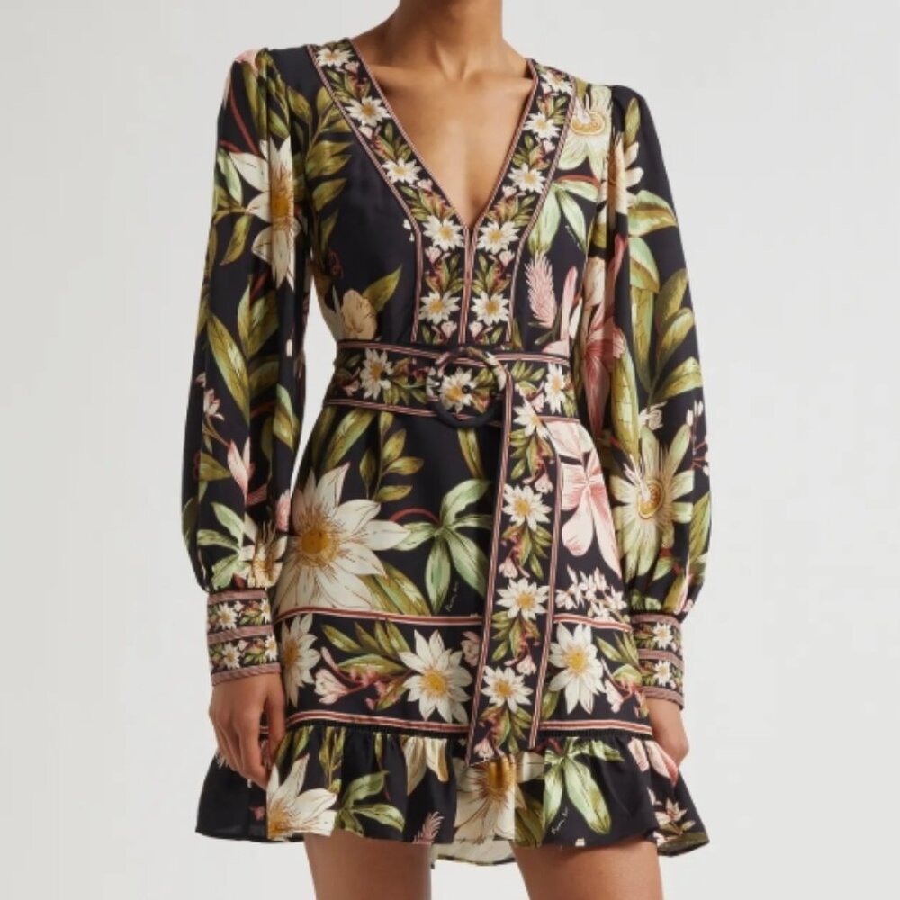 FARM RIO TROPICAL FLOWERS LONG SLEEVE MINIDRESS - M